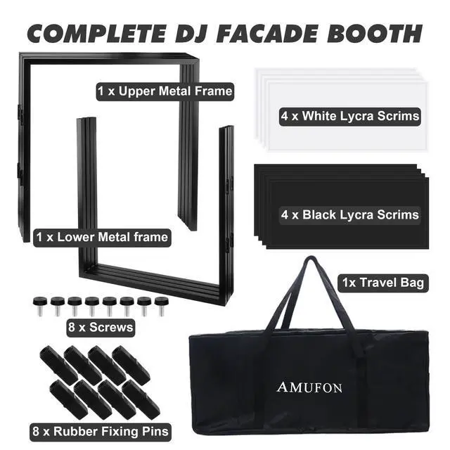 Alt view image 7 of 7 - DJ Facade Booth, DJ Stand Portable Event Cover Screen with Foldable 4 Detachable Metal Frame Light Projector Display Scrim Panel Stand with Carry Bag for Party,Show,Gathering(White and Black)