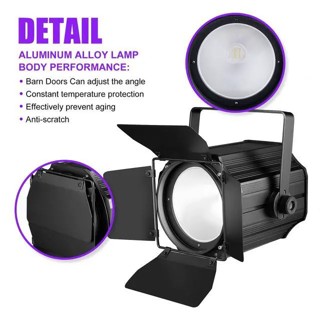 Alt view image 5 of 7 - COB Stage Lights with Barn Doors, COB Par Light 200W LED 3500~7500K Warm White & White, DMX512 Master-Slave Sound DJ Lighting Spotlight Fresnel for Church Concert Wedding