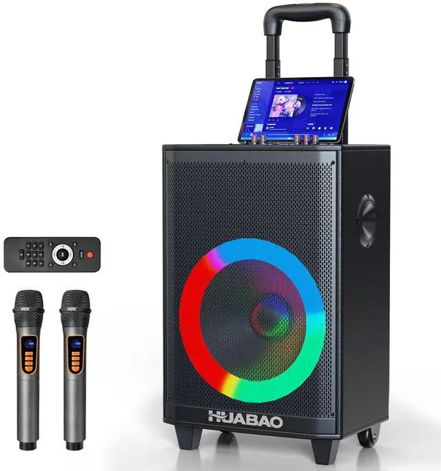 Main image of Large Bluetooth Karaoke Speaker with 2 Wireless Microphones, 11 Speaker System with 8800mAh Battery, Trolley PA System with Lights, Remote, FM/AUX/USB/TF, Bass & Treble Adjust, Ideal for Outdoor Party