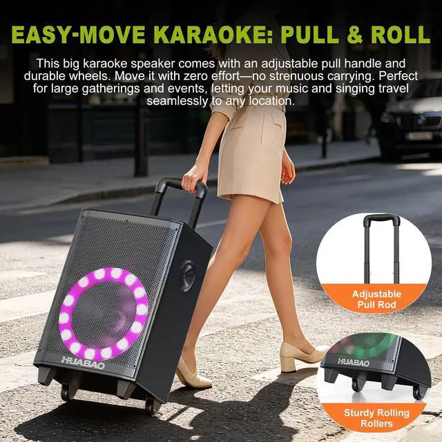 Alt view image 3 of 7 - Large Bluetooth Karaoke Speaker with 2 Wireless Microphones, 11 Speaker System with 8800mAh Battery, Trolley PA System with Lights, Remote, FM/AUX/USB/TF, Bass & Treble Adjust, Ideal for Outdoor Party