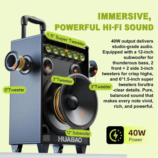 Alt view image 4 of 7 - Large Bluetooth Karaoke Speaker with 2 Wireless Microphones, 11 Speaker System with 8800mAh Battery, Trolley PA System with Lights, Remote, FM/AUX/USB/TF, Bass & Treble Adjust, Ideal for Outdoor Party