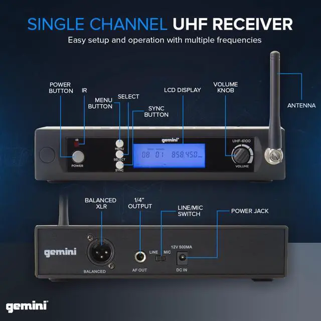 Alt view image 4 of 7 - UHF Wireless Headset & Lavalier Mic System, 240 ft (UHF-6100HL) | UHF headset & lavalier mic, 512-537.5 MHz selectable - auto SYNC pairing - LCD display - balanced XLR & 1/4" outputs, 1U rack