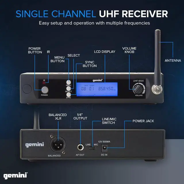 Alt view image 3 of 6 - UHF Handheld Microphone System, 256 Channels, 240ft (UHF-6100M-R2) | UHF handheld mic, 256 channels, 512-537 MHz - 240 ft range - LCD, auto SYNC - XLR & 1/4" outputs