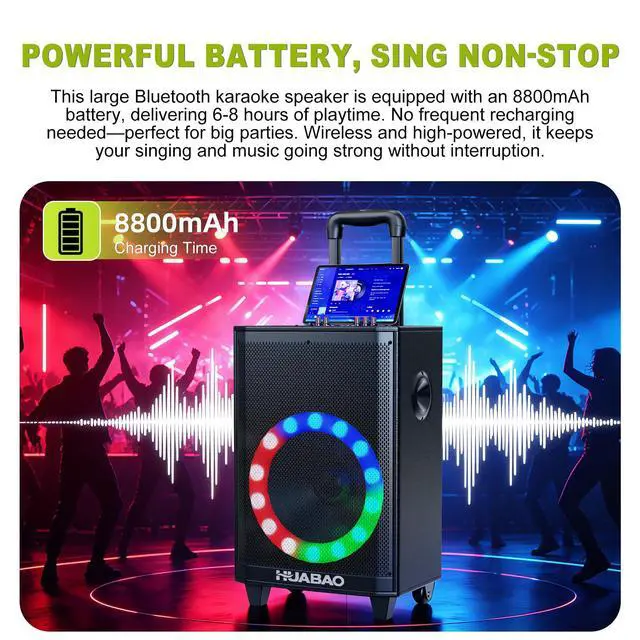 Alt view image 6 of 7 - Large Bluetooth Karaoke Speaker with 2 Wireless Microphones, 11 Speaker System with 8800mAh Battery, Trolley PA System with Lights, Remote, FM/AUX/USB/TF, Bass & Treble Adjust, Ideal for Outdoor Party
