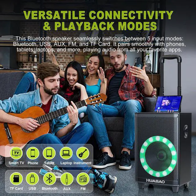 Alt view image 7 of 7 - Large Bluetooth Karaoke Speaker with 2 Wireless Microphones, 11 Speaker System with 8800mAh Battery, Trolley PA System with Lights, Remote, FM/AUX/USB/TF, Bass & Treble Adjust, Ideal for Outdoor Party