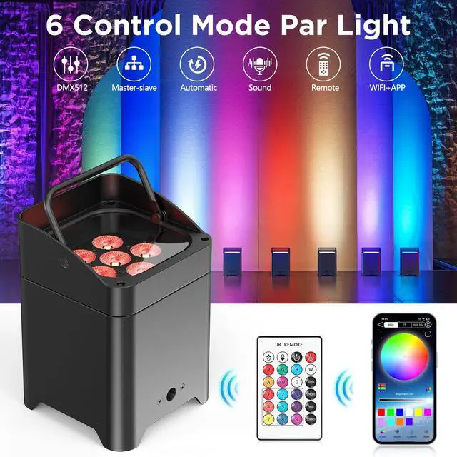 Alt view image 4 of 7 - Battery Powered Uplights Rechargeable Par Can 6x18W RGBWA+UV LED Uplight 9600 mAh APP/Remote/DMX512 Control Stage Lights Uplighting Indoor for Wedding DJ Church Christmas Dance