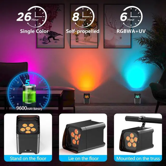 Alt view image 5 of 7 - Battery Powered Uplights Rechargeable Par Can 6x18W RGBWA+UV LED Uplight 9600 mAh APP/Remote/DMX512 Control Stage Lights Uplighting Indoor for Wedding DJ Church Christmas Dance