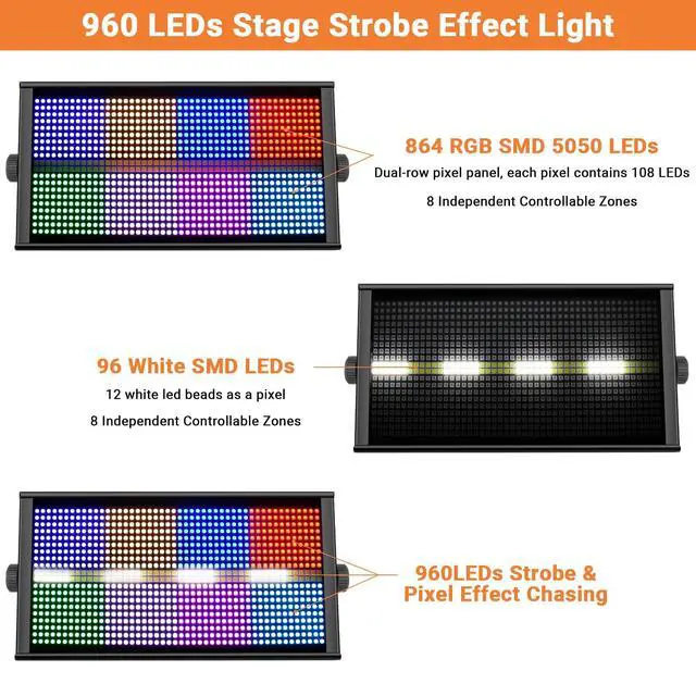 Alt view image 2 of 7 - 500W Stage Strobe Lights: 960LEDs RGBW 4IN1 - Metal Construction 135° Wide Coverage - Sound Activated Multi Modes - DMX & RDM Control - Great for Club Music Show Mobile DJ Wedding Party