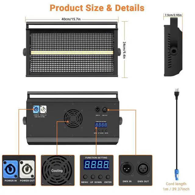 Alt view image 6 of 7 - 500W Stage Strobe Lights: 960LEDs RGBW 4IN1 - Metal Construction 135° Wide Coverage - Sound Activated Multi Modes - DMX & RDM Control - Great for Club Music Show Mobile DJ Wedding Party