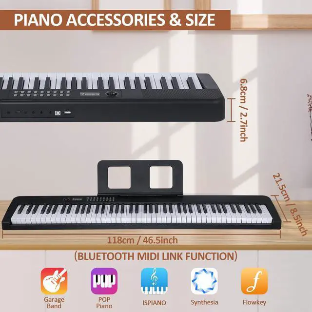 Alt view image 3 of 7 - 88 Key Piano Keyboard, Electric Digital Piano with Semi Weighted Keys, Keyboard Piano with Sustain Pedal, Power Supply, Stand, Carrying Case, Headphones, USB-MIDI Compatibility, for Beginner Adults