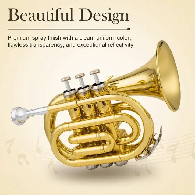 Alt view image 2 of 6 - Pocket Trumpet Bb Flat - Gold Lacquer Brass Mini Trumpet Full Kit for Beginners Students with 7C Mouthpiece, Hard Case, Gloves & Cleaning Kit QPT-01 (Golden)