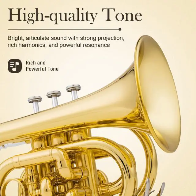 Alt view image 4 of 6 - Pocket Trumpet Bb Flat - Gold Lacquer Brass Mini Trumpet Full Kit for Beginners Students with 7C Mouthpiece, Hard Case, Gloves & Cleaning Kit QPT-01 (Golden)