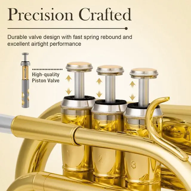 Alt view image 3 of 6 - Pocket Trumpet Bb Flat - Gold Lacquer Brass Mini Trumpet Full Kit for Beginners Students with 7C Mouthpiece, Hard Case, Gloves & Cleaning Kit QPT-01 (Golden)