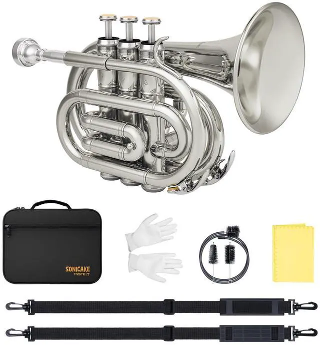 Main image of Pocket Trumpet for Beginners Students - Nickel Plated Bb Flat Mini Brass Trumpet Full Kit with 7C Mouthpiece, Hard Case, Gloves & Cleaning Kit QPT-02 (Nickel)