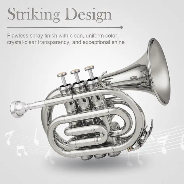 Alt view image 2 of 6 - Pocket Trumpet for Beginners Students - Nickel Plated Bb Flat Mini Brass Trumpet Full Kit with 7C Mouthpiece, Hard Case, Gloves & Cleaning Kit QPT-02 (Nickel)