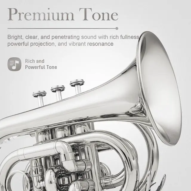 Alt view image 4 of 6 - Pocket Trumpet for Beginners Students - Nickel Plated Bb Flat Mini Brass Trumpet Full Kit with 7C Mouthpiece, Hard Case, Gloves & Cleaning Kit QPT-02 (Nickel)