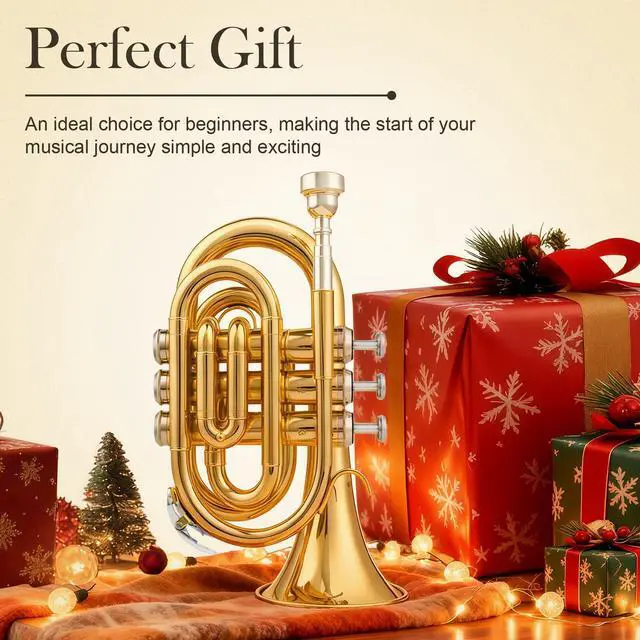 Alt view image 6 of 6 - Pocket Trumpet Bb Flat - Gold Lacquer Brass Mini Trumpet Full Kit for Beginners Students with 7C Mouthpiece, Hard Case, Gloves & Cleaning Kit QPT-01 (Golden)