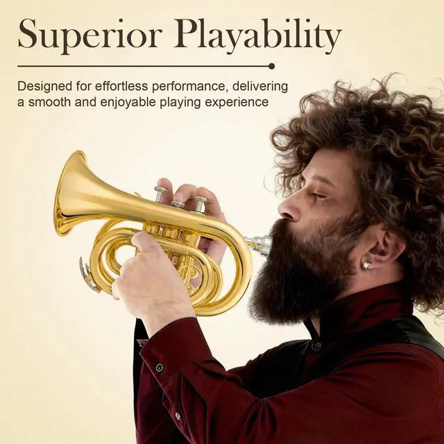 Alt view image 5 of 6 - Pocket Trumpet Bb Flat - Gold Lacquer Brass Mini Trumpet Full Kit for Beginners Students with 7C Mouthpiece, Hard Case, Gloves & Cleaning Kit QPT-01 (Golden)