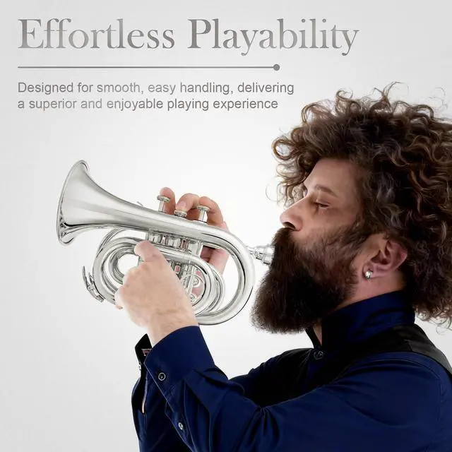 Alt view image 5 of 6 - Pocket Trumpet for Beginners Students - Nickel Plated Bb Flat Mini Brass Trumpet Full Kit with 7C Mouthpiece, Hard Case, Gloves & Cleaning Kit QPT-02 (Nickel)