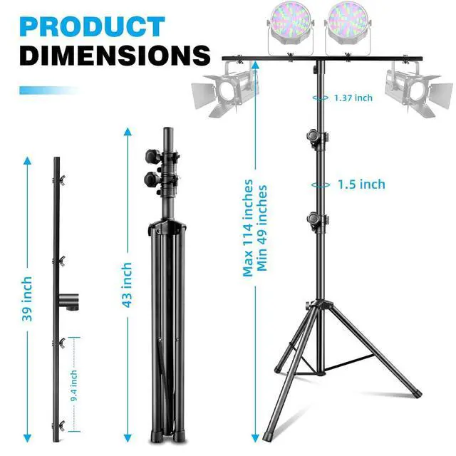 Alt view image 3 of 7 - DJ Light Stand, T-Bar Tripod Stage s Portable and Adjustable 49-114 Inch Heavy Duty