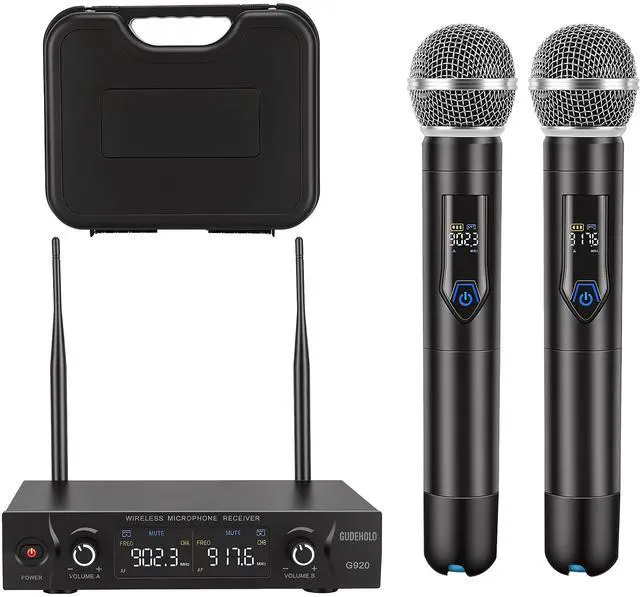 Main image of Wireless Microphone System with case, Metal UHF Dual Handheld 20 Channels Professional Cordless Mic System for Church, DJ, Karaoke,Wedding, Home KTV Set (Blue)