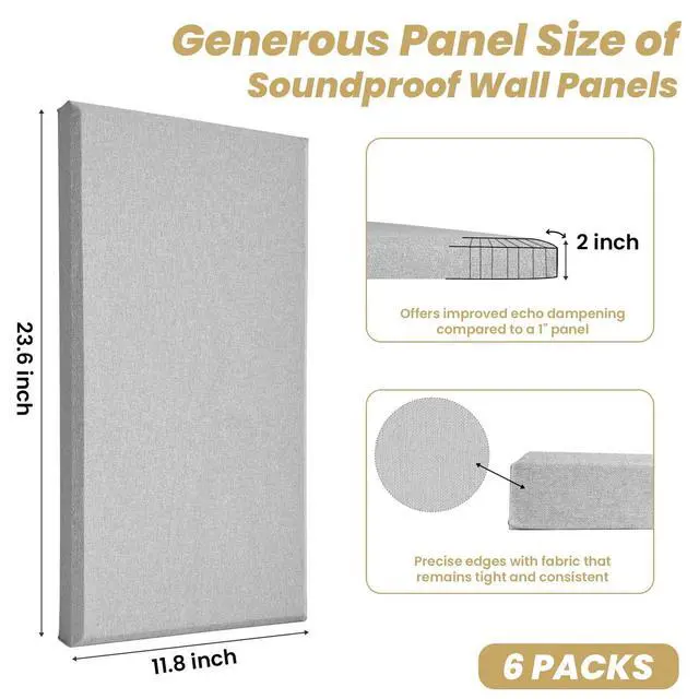 Alt view image 3 of 7 - 6pcs Fiberglass Acoustic Panels, 23.6" x 11.8" x 2" Thick Sound Proofing Foam Wall Panels, Self-Adhesive High Density Sound Dampening Panels for Studio, Home Theater & Office, Noise Canceling