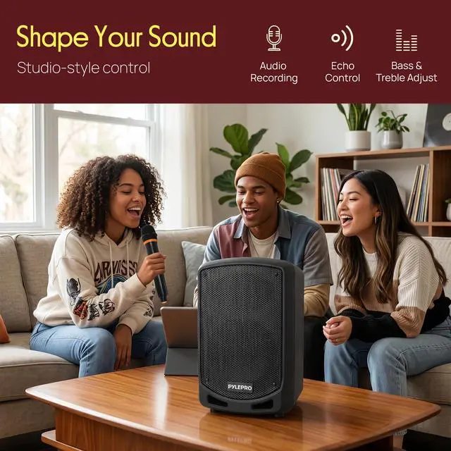 Alt view image 4 of 7 - Portable Bluetooth PA Speaker System - Indoor Outdoor Karaoke Sound System w/Wireless Mic, Audio Recording, Rechargeable Battery, USB/SD Reader, Stand Mount, for Party, Crowd Control