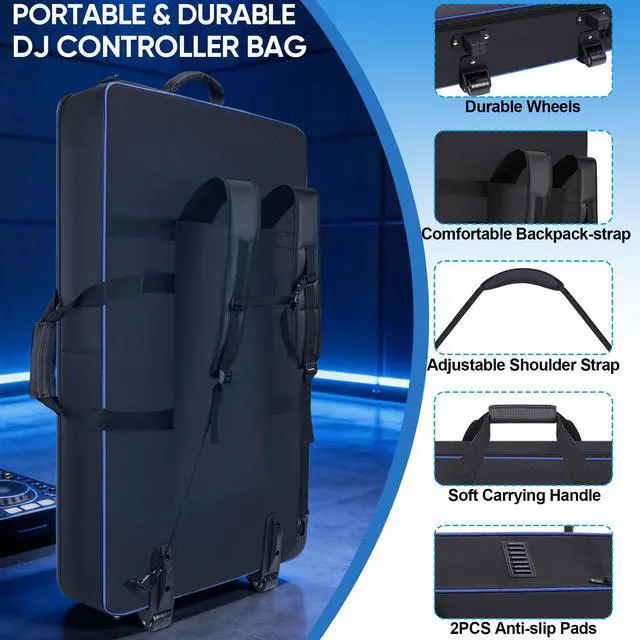 Alt view image 3 of 7 - DJ Controller Case with Wheels Compatible with XDJ-AZ | 10MM Soft Thick Padded, Multiple Accessory Pockets, Backpack-straps & Shoulder Strap, Rolling DJ Bag for DJ Controller