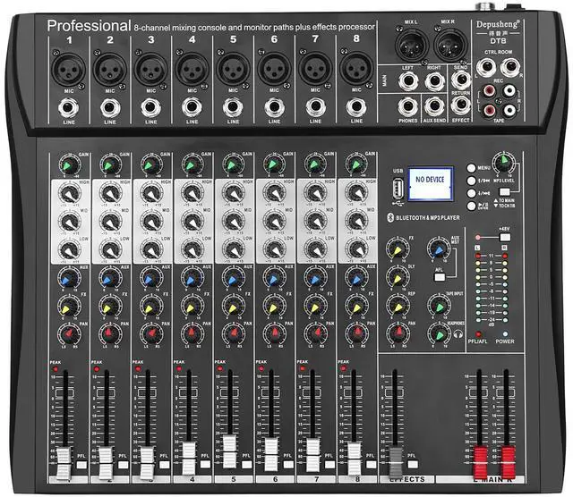 Main image of DT8 Professional Mixer Sound Board Console 8 Channel Desk System Interface Digital USB Computer MP3 Input 48V Phantom Power Stereo DJ Studio FX Steel Chassis,Black