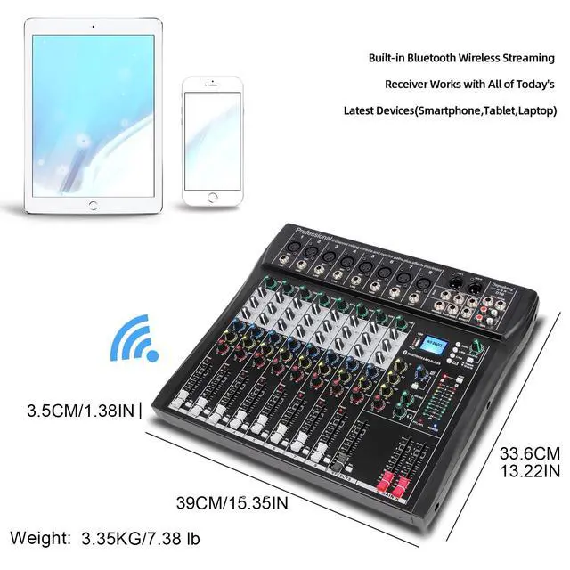 Alt view image 4 of 7 - DT8 Professional Mixer Sound Board Console 8 Channel Desk System Interface Digital USB Computer MP3 Input 48V Phantom Power Stereo DJ Studio FX Steel Chassis,Black