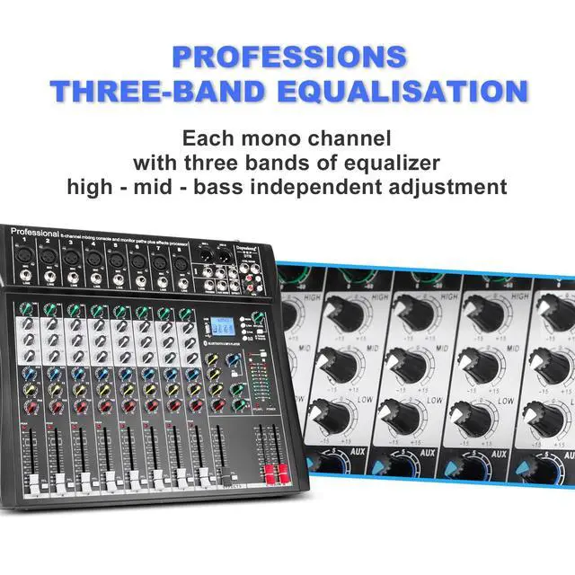 Alt view image 3 of 7 - DT8 Professional Mixer Sound Board Console 8 Channel Desk System Interface Digital USB Computer MP3 Input 48V Phantom Power Stereo DJ Studio FX Steel Chassis,Black