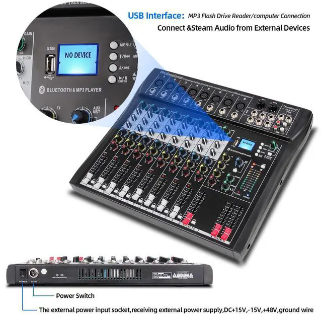 Alt view image 2 of 7 - DT8 Professional Mixer Sound Board Console 8 Channel Desk System Interface Digital USB Computer MP3 Input 48V Phantom Power Stereo DJ Studio FX Steel Chassis,Black