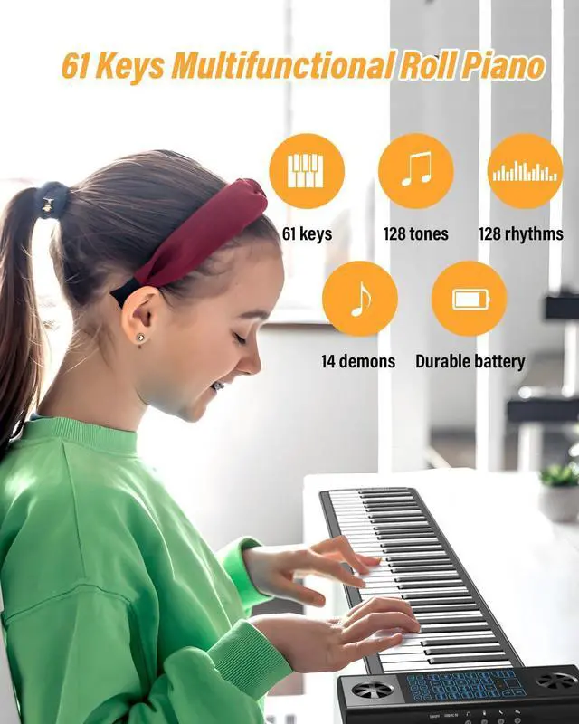 Alt view image 2 of 7 - 61 Keys Roll Up Piano, Upgraded Hand Roll Portable Piano for Beginner with Bluetooth/MIDI,Environmental Silicone Roll Out Piano Keyboard, Best Christmas Birthday Gift