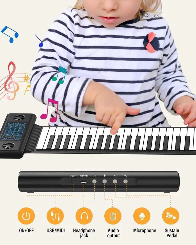 Alt view image 5 of 7 - 61 Keys Roll Up Piano, Upgraded Hand Roll Portable Piano for Beginner with Bluetooth/MIDI,Environmental Silicone Roll Out Piano Keyboard, Best Christmas Birthday Gift