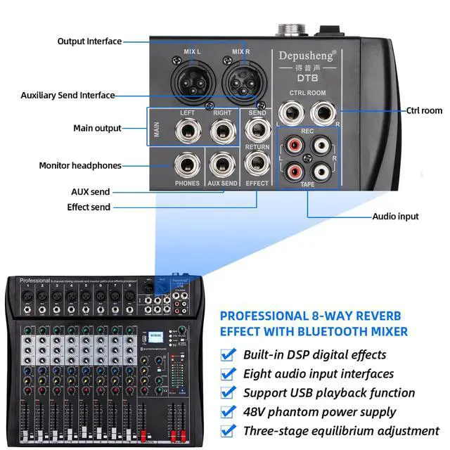Alt view image 5 of 7 - DT8 Professional Mixer Sound Board Console 8 Channel Desk System Interface Digital USB Computer MP3 Input 48V Phantom Power Stereo DJ Studio FX Steel Chassis,Black