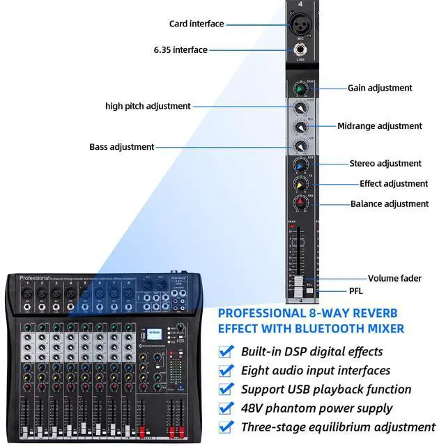 Alt view image 7 of 7 - DT8 Professional Mixer Sound Board Console 8 Channel Desk System Interface Digital USB Computer MP3 Input 48V Phantom Power Stereo DJ Studio FX Steel Chassis,Black