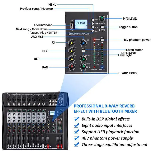 Alt view image 6 of 7 - DT8 Professional Mixer Sound Board Console 8 Channel Desk System Interface Digital USB Computer MP3 Input 48V Phantom Power Stereo DJ Studio FX Steel Chassis,Black