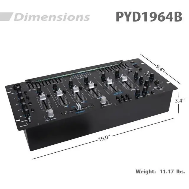 Alt view image 3 of 7 - 6 Channel Mixer DJ Controller with Bluetooth, Professional Sound Digital Mixing System with LED Illumination, Slider Controls, Speed Control, 10 Band Equalizer 5U Rack Mount System - PYD1964B.5
