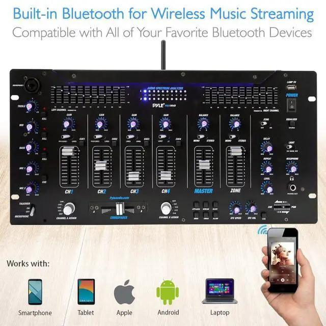 Alt view image 4 of 7 - 6 Channel Mixer DJ Controller with Bluetooth, Professional Sound Digital Mixing System with LED Illumination, Slider Controls, Speed Control, 10 Band Equalizer 5U Rack Mount System - PYD1964B.5