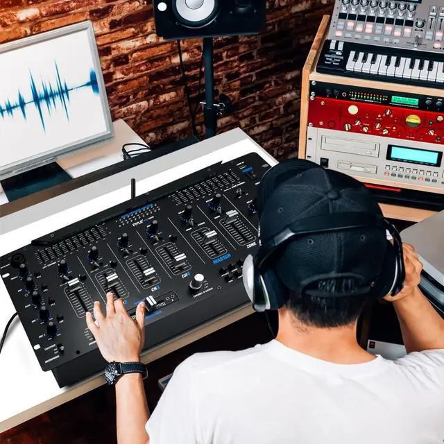 Alt view image 6 of 7 - 6 Channel Mixer DJ Controller with Bluetooth, Professional Sound Digital Mixing System with LED Illumination, Slider Controls, Speed Control, 10 Band Equalizer 5U Rack Mount System - PYD1964B.5