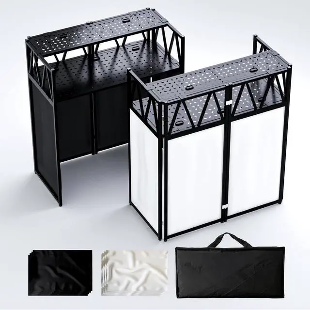 Main image of DJ Facade Booth Portable DJ Booth Table, Folding 2-Tier Workstation Table with Cable Management Holes, Adjustable Leveling Feet, Black & White Scrim Panels for Wedding Party Events(Upgrade)