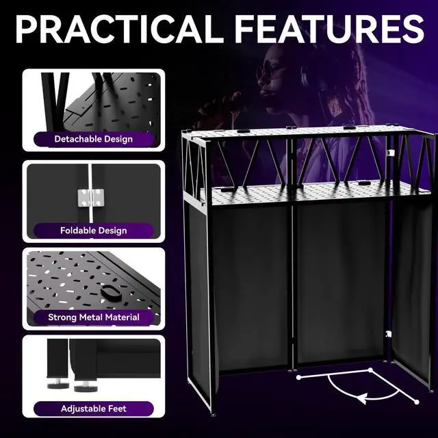 Alt view image 2 of 7 - DJ Facade Booth Portable DJ Booth Table, Folding 2-Tier Workstation Table with Cable Management Holes, Adjustable Leveling Feet, Black & White Scrim Panels for Wedding Party Events(Upgrade)