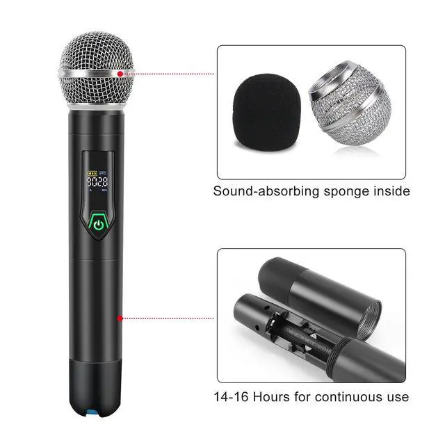 Alt view image 3 of 7 - Wireless Microphone System with case, Metal UHF Dual Handheld 20 Channels Professional Cordless Mic System for Church, DJ, Karaoke,Wedding, Home KTV Set (Green)