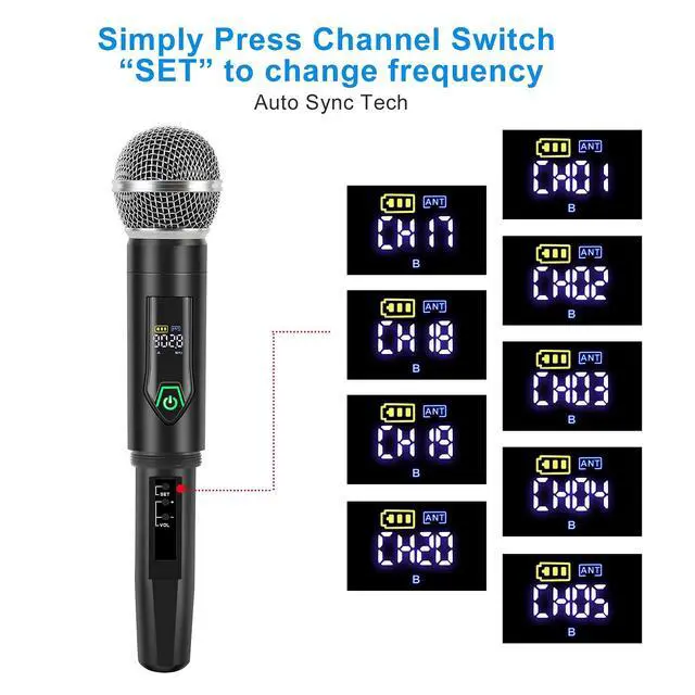 Alt view image 4 of 7 - Wireless Microphone System with case, Metal UHF Dual Handheld 20 Channels Professional Cordless Mic System for Church, DJ, Karaoke,Wedding, Home KTV Set (Green)