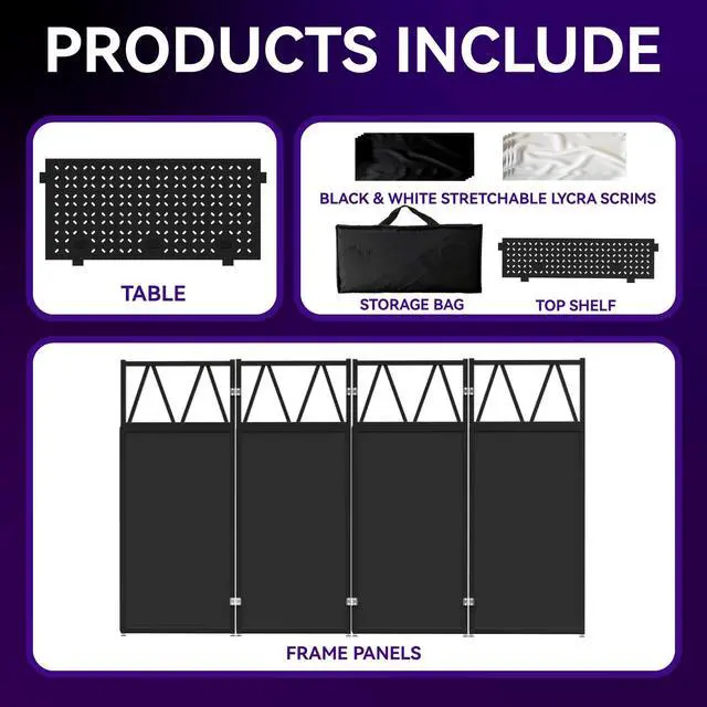 Alt view image 6 of 7 - DJ Facade Booth Portable DJ Booth Table, Folding 2-Tier Workstation Table with Cable Management Holes, Adjustable Leveling Feet, Black & White Scrim Panels for Wedding Party Events(Upgrade)
