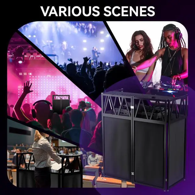 Alt view image 7 of 7 - DJ Facade Booth Portable DJ Booth Table, Folding 2-Tier Workstation Table with Cable Management Holes, Adjustable Leveling Feet, Black & White Scrim Panels for Wedding Party Events(Upgrade)
