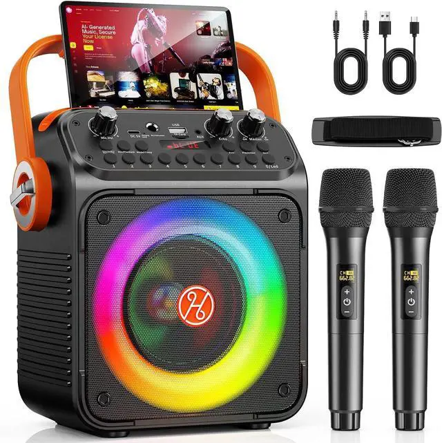 Main image of Karaoke Machine, Portable Bluetooth Karaoke Speaker with 2 Wireless Microphones for Adults, PA System with Echo Adjustment, LED Lights, Supports USB/TF/REC/FM/AUX, for Home Party, Outdoor