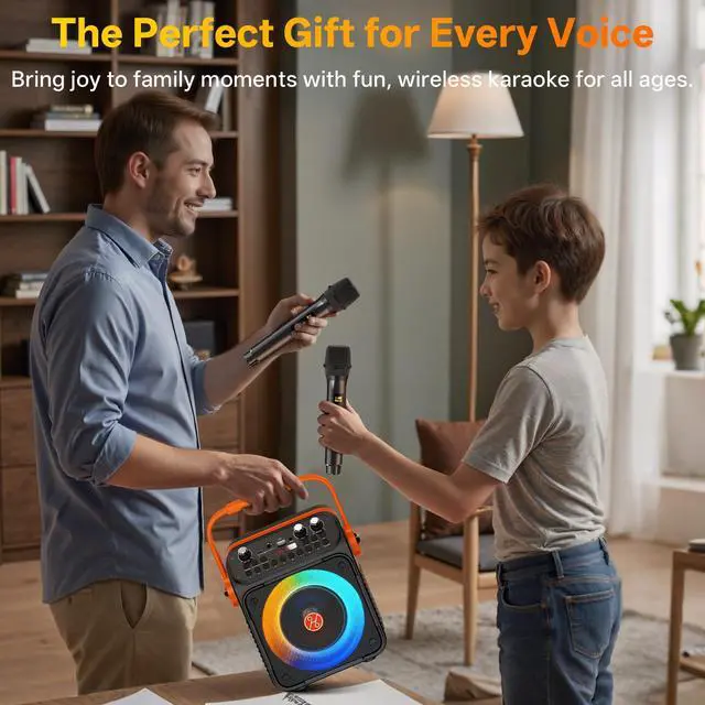 Alt view image 7 of 7 - Karaoke Machine, Portable Bluetooth Karaoke Speaker with 2 Wireless Microphones for Adults, PA System with Echo Adjustment, LED Lights, Supports USB/TF/REC/FM/AUX, for Home Party, Outdoor