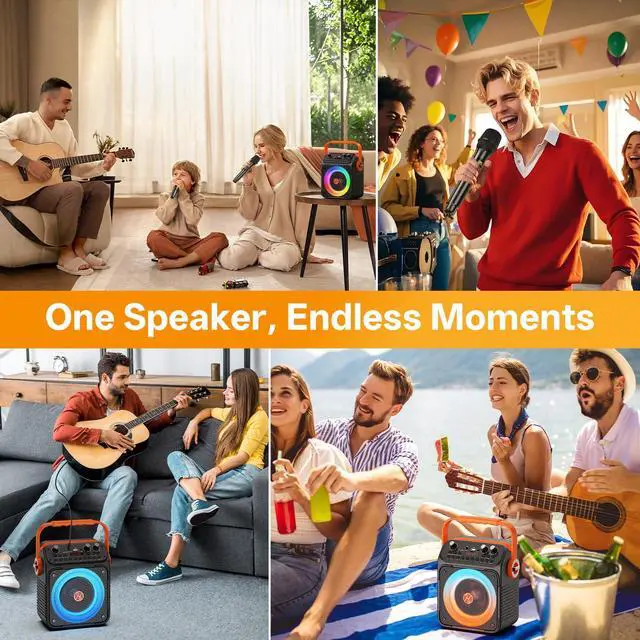 Alt view image 6 of 7 - Karaoke Machine, Portable Bluetooth Karaoke Speaker with 2 Wireless Microphones for Adults, PA System with Echo Adjustment, LED Lights, Supports USB/TF/REC/FM/AUX, for Home Party, Outdoor