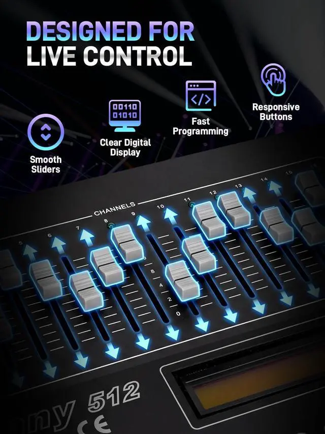 Alt view image 5 of 7 - DMX512 Controller, 512 Channel DMX DJ Light Controller with LCD Display | DMX DJ Stage Lighting Console Board Ideal for Show, Party, KTV, Bar